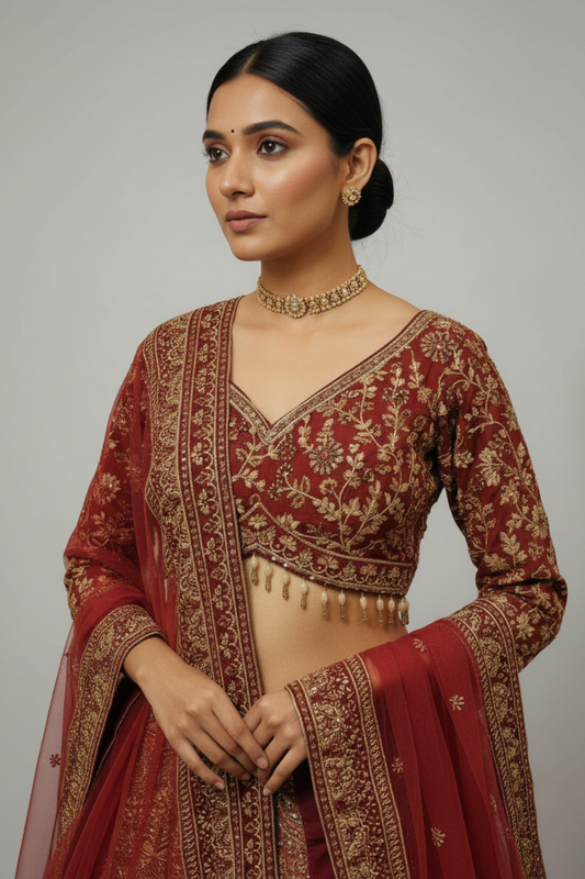 Maroon Crepe Lehenga Set And Net Dupatta With Readymade Blouse
