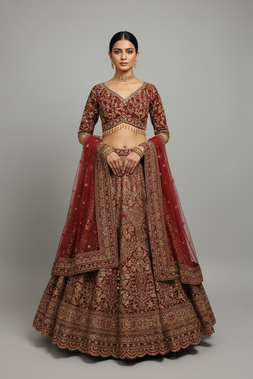 Maroon Crepe Lehenga Set And Net Dupatta With Readymade Blouse