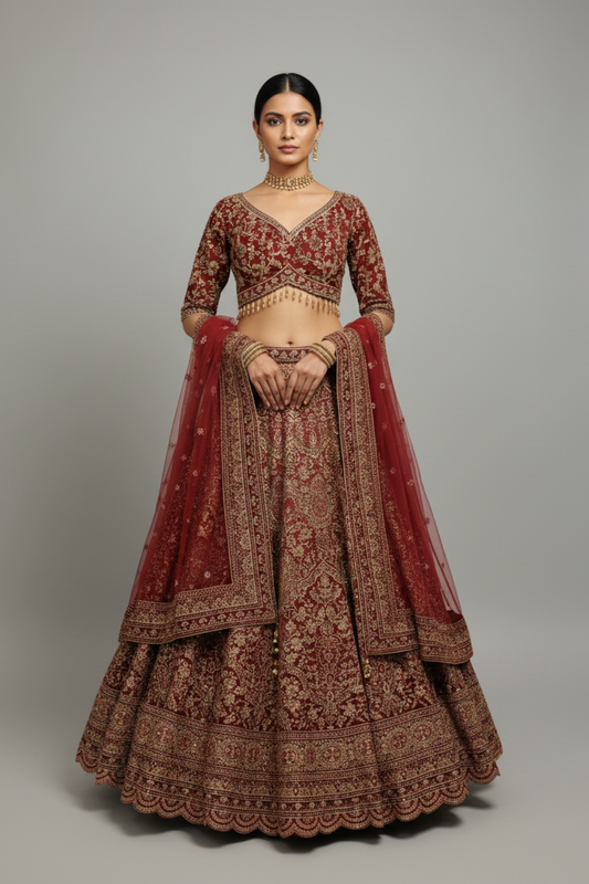 Maroon Crepe Lehenga Set And Net Dupatta With Readymade Blouse