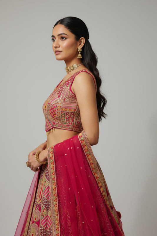 Rani Crepe Lehenga Set And Net Dupatta With Readymade Blouse