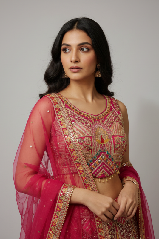 Rani Crepe Lehenga Set And Net Dupatta With Readymade Blouse