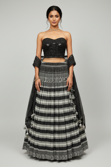 White Black Net Lehenga Set And Net Dupatta With Readymade Blouse