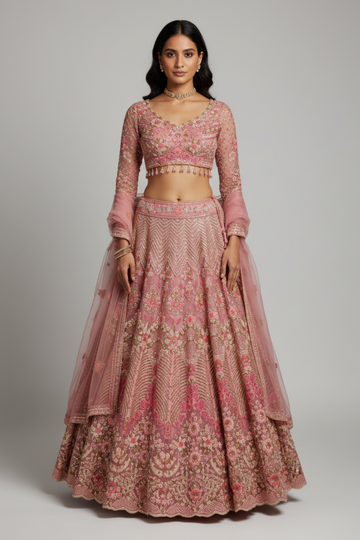 Gajari Net Lehenga Set And Net Dupatta With Readymade Blouse