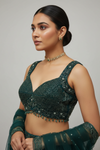 Bottle Green Net Lehenga Set And Net Dupatta With Readymade Blouse