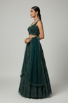 Bottle Green Net Lehenga Set And Net Dupatta With Readymade Blouse
