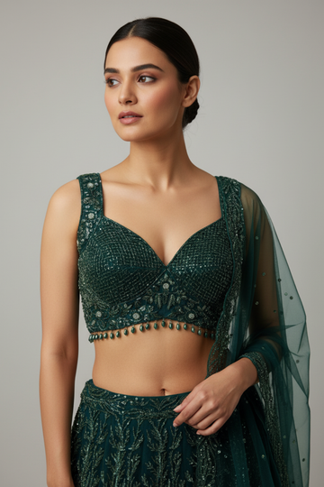 Bottle Green Net Lehenga Set And Net Dupatta With Readymade Blouse
