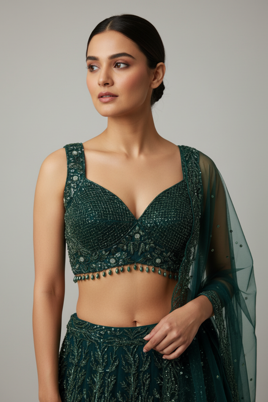 Bottle Green Net Lehenga Set And Net Dupatta With Readymade Blouse