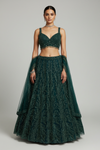 Bottle Green Net Lehenga Set And Net Dupatta With Readymade Blouse