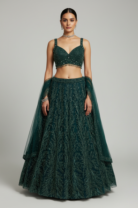 Bottle Green Net Lehenga Set And Net Dupatta With Readymade Blouse