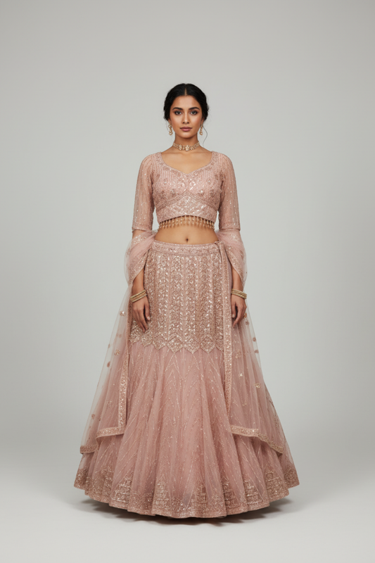 Gajari Net Lehenga Set And Net Dupatta With Readymade Blouse