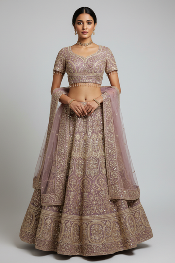 Onion Net Lehenga Set And Net Dupatta With Readymade Blouse