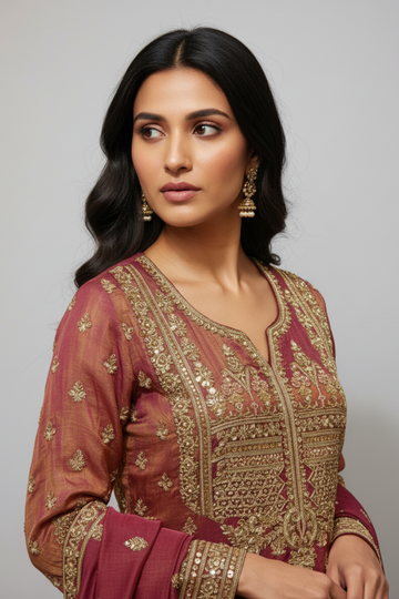 Magenta Crepe Lehenga Set And Net Dupatta With Readymade Blouse