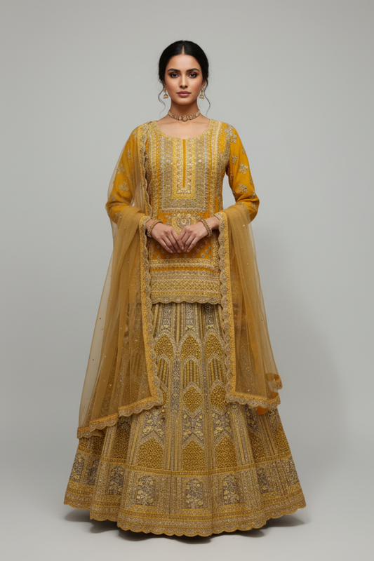 Mustard Georgette Lehenga Set And Net Dupatta With Readymade Blouse