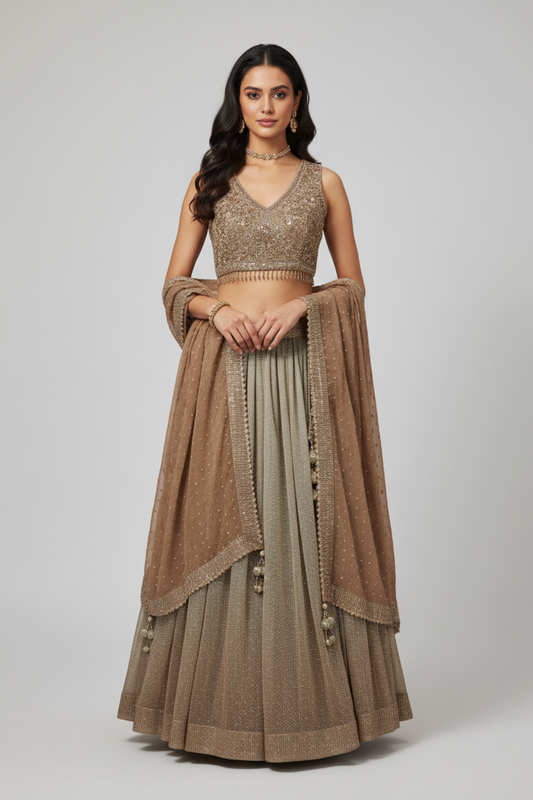 Tussar Lycra Lehenga Set And Net Dupatta With Readymade Blouse