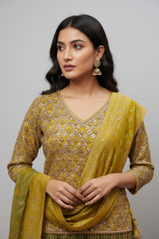 Mint Green Gold Khaddi Georgette Lehenga Set And Net Dupatta With Readymade Blouse