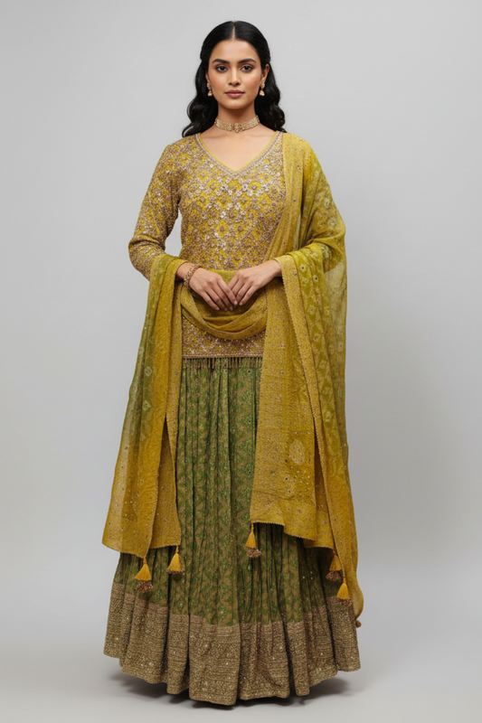Mint Green Gold Khaddi Georgette Lehenga Set And Net Dupatta With Readymade Blouse