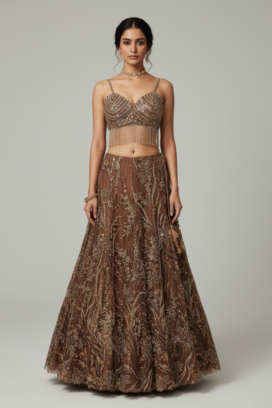 Brown Net Lehenga Set And Net Dupatta With Readymade Blouse