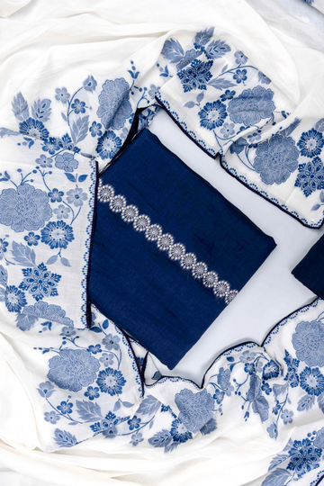 Navy Blue Cotton Unstitched Salwar Suit With Cotton Dupatta