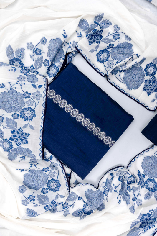 Navy Blue Cotton Unstitched Salwar Suit With Cotton Dupatta