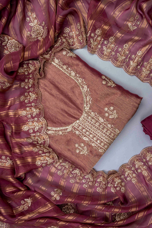 Mauve Organza Unstitched Salwar Suit With Organza Dupatta