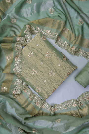 Olive Organza Unstitched Salwar Suit With Organza Dupatta