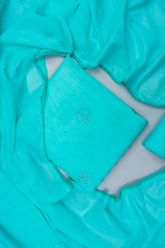 Tea-green Cotton Unstitched Salwar Suit With Cotton Dupatta