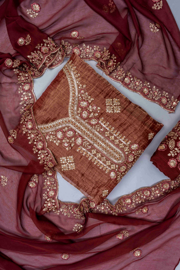 Brown Organza Unstitched Salwar Suit With Organza Dupatta