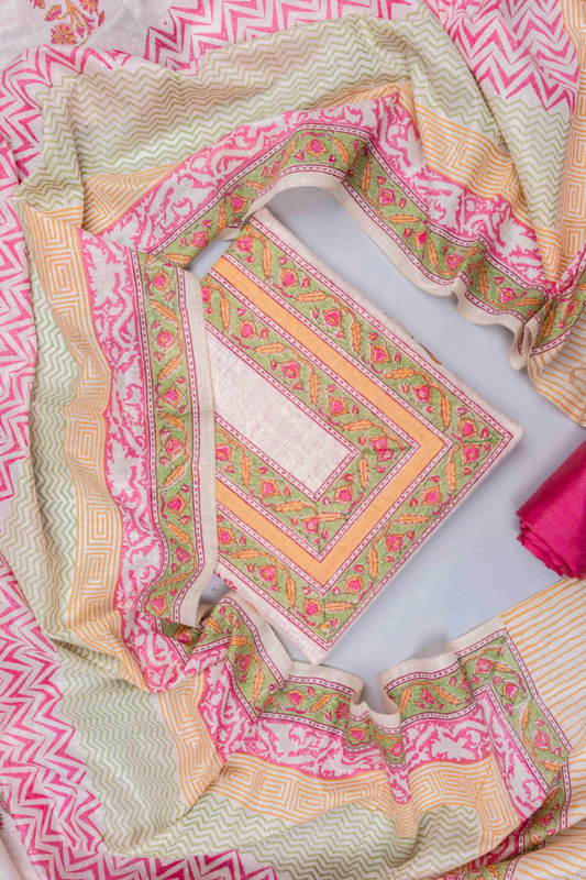 Off White Gajari Cotton Unstitched Salwar Suit With Cotton Dupatta
