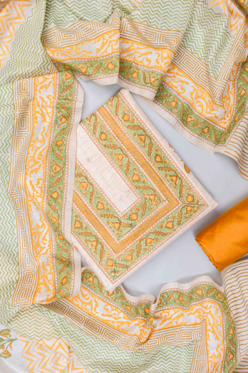 Off White Mustard Cotton Unstitched Salwar Suit With Cotton Dupatta