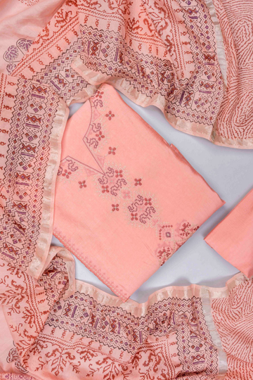 Peach Cotton Unstitched Salwar Suit With Cotton Dupatta