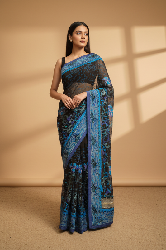 Black Chiffon Embroidered Saree With Unstitched Blouse