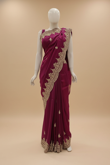 Magenta Organza Embroidered Saree With Unstitched Blouse