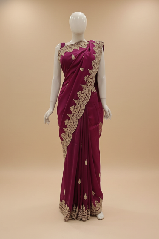 Magenta Organza Embroidered Saree With Unstitched Blouse