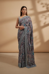 Grey Chinon Saree With Unstitched Blouse