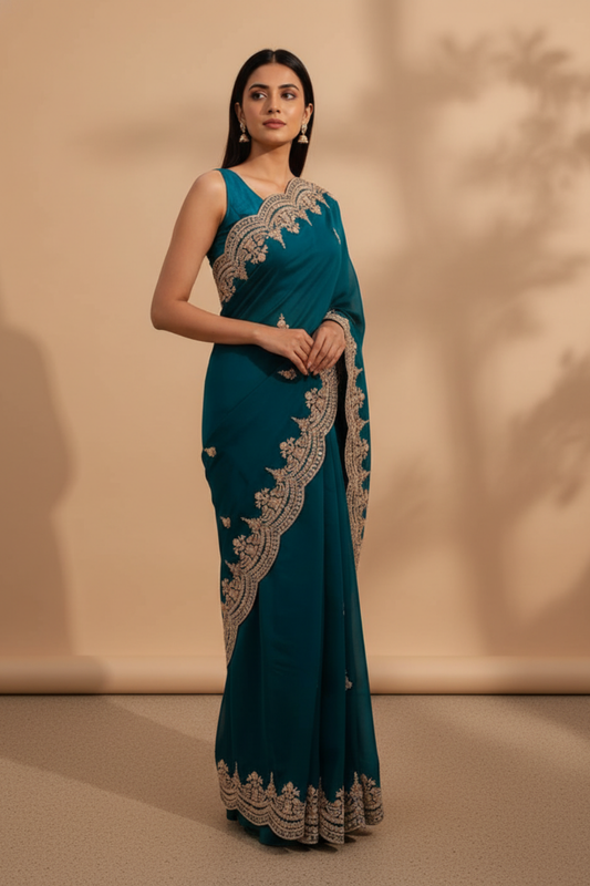 Rama Organza Embroidered Saree With Unstitched Blouse