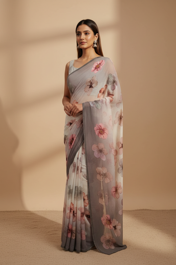 Off White Grey Georgette Saree With Unstitched Blouse