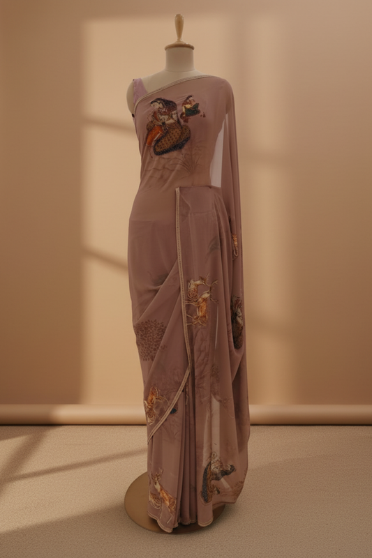 Chikoo Georgette Saree With Unstitched Blouse