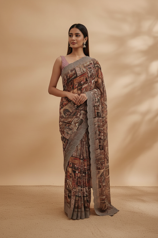 Olive Georgette Saree With Unstitched Blouse