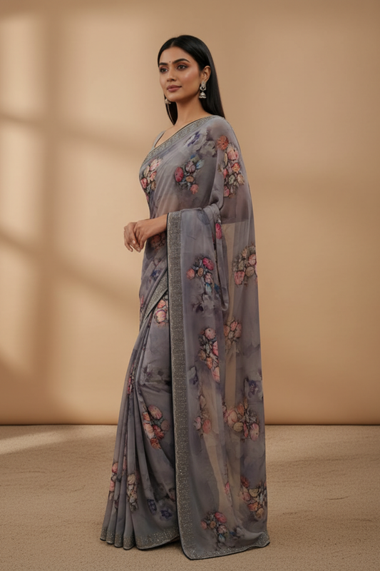 Grey Georgette Saree With Unstitched Blouse
