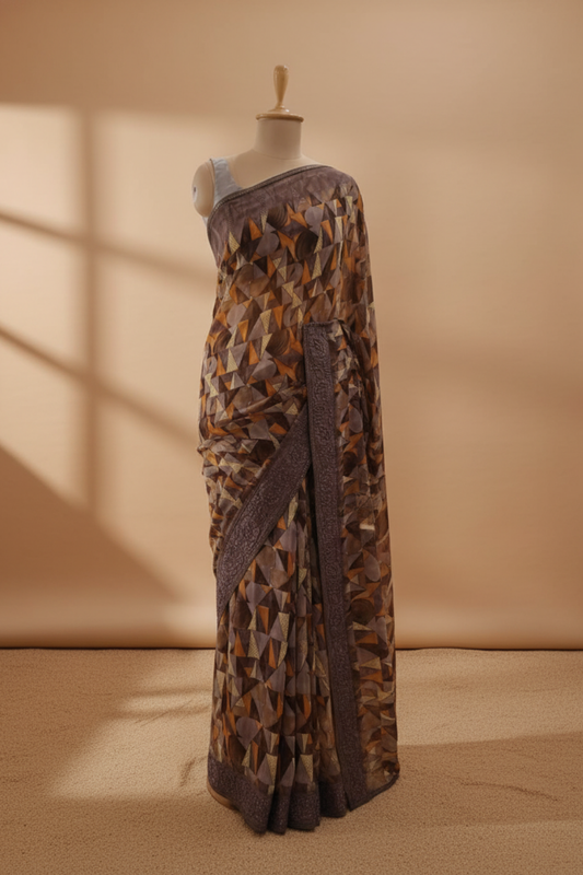 Chikoo Georgette Saree With Unstitched Blouse