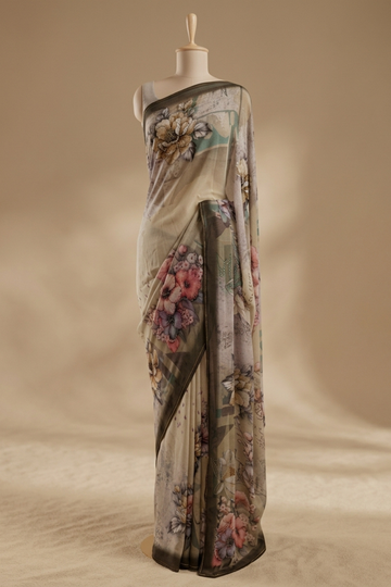Olive Georgette Saree With Unstitched Blouse