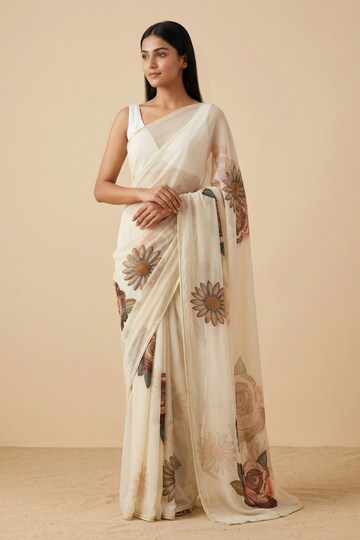 Off White Georgette Saree With Unstitched Blouse