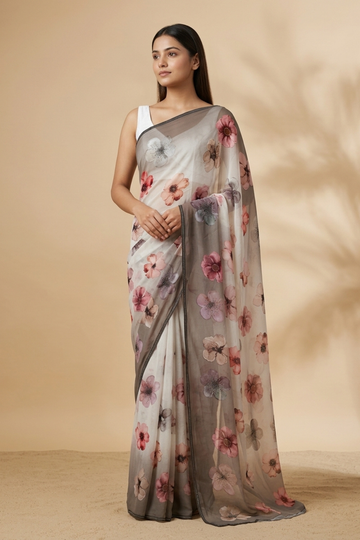 Off White Olive Georgette Saree With Unstitched Blouse