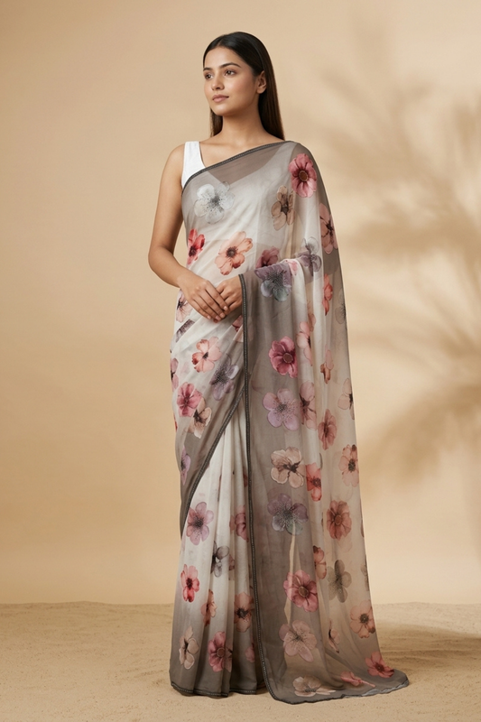 Off White Olive Georgette Saree With Unstitched Blouse