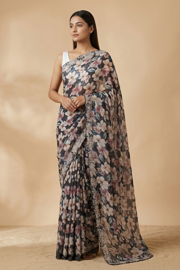Matelic Grey Satin Saree With Unstitched Blouse