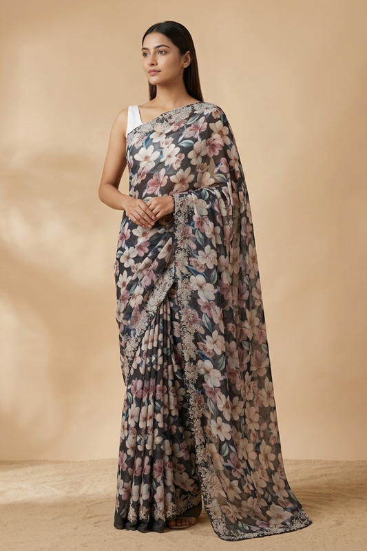 Matelic Grey Satin Saree With Unstitched Blouse