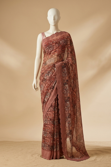 Peach Georgette Saree With Unstitched Blouse