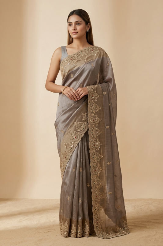 Brown Banarasi Silk Saree With Unstitched Blouse