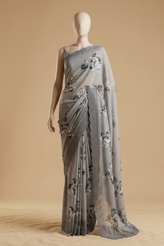 Grey Georgette Saree With Unstitched Blouse