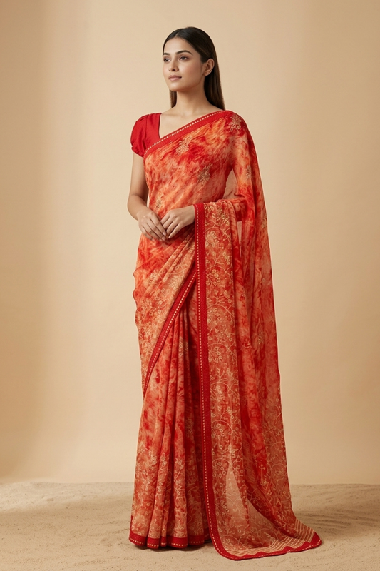 Coral Georgette Brasso Saree With Unstitched Blouse